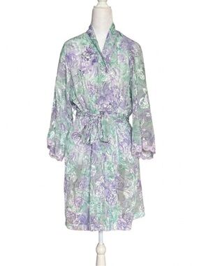 Vtg LA Intimates Robe Large Purple Green Floral Sheer Kimono Cottagecore 80s 90s